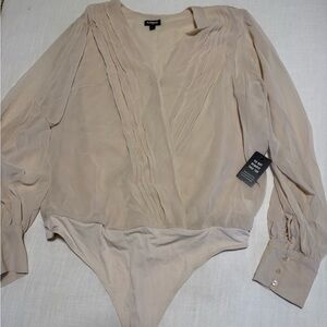 Express Elegant Beige Long Sleeve Blouse Bodysuit